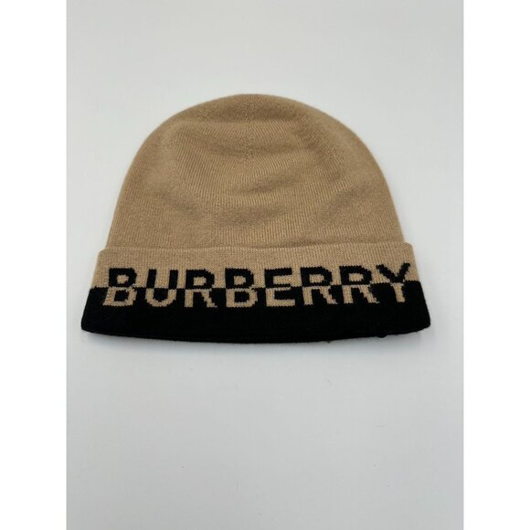 Burberry Unisex Logo Core Cashmere Beanie Beige/Black One Size - Picture 2 of 9